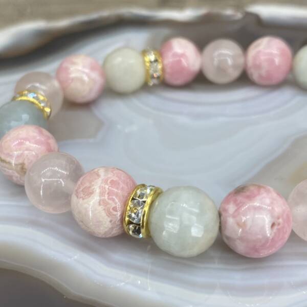 Bracelet en Rhodochrosite, Quartz Rose et Aigue Marine